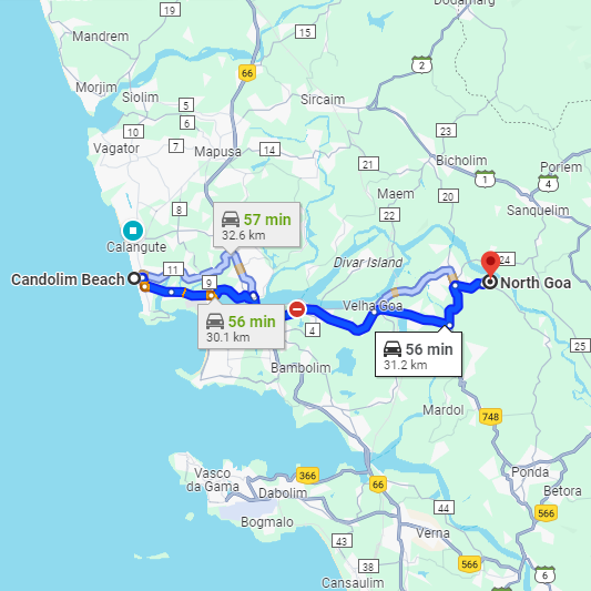 Candolim to North Goa Route Candolim to North Goa Route