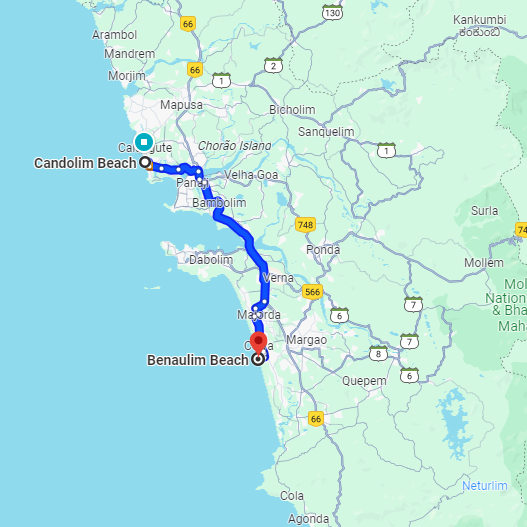 Candolim to Benaulim Route Candolim to Benaulim Route