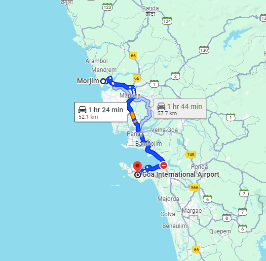 Morjim to Dabolim Airport Route Morjim to Dabolim Airport Route