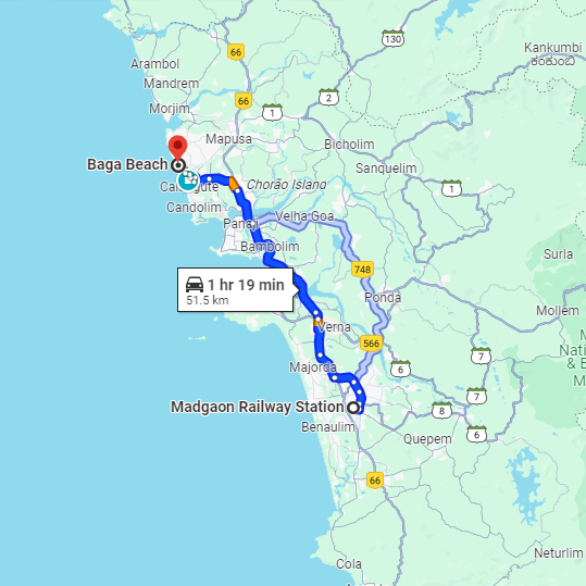Madgaon to Baga Route Madgaon to Baga Route