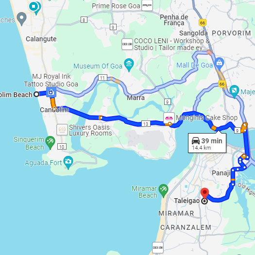 Candolim to Taligao Route Candolim to Taligao Route