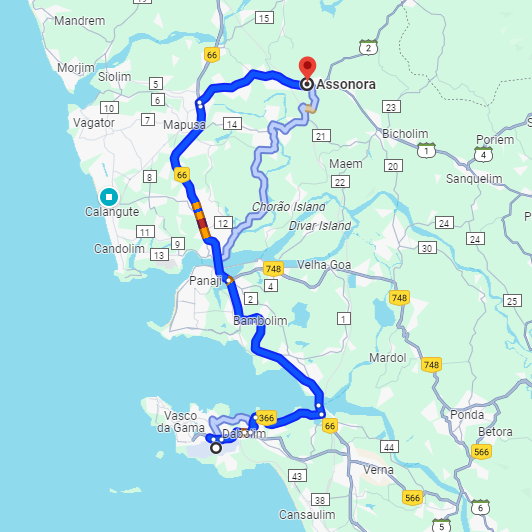 Dabolim Airport to Assanora Route Dabolim Airport to Assanora Route