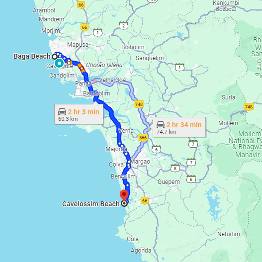 Baga to Cavelossim Route Baga to Cavelossim Route