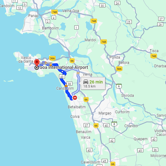 Majorda to Dabolim Airport Route Majorda to Dabolim Airport Route