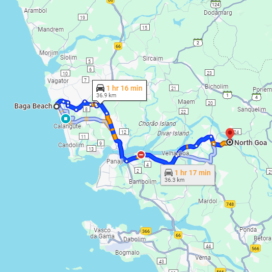 Baga to North Goa Route Baga to North Goa Route