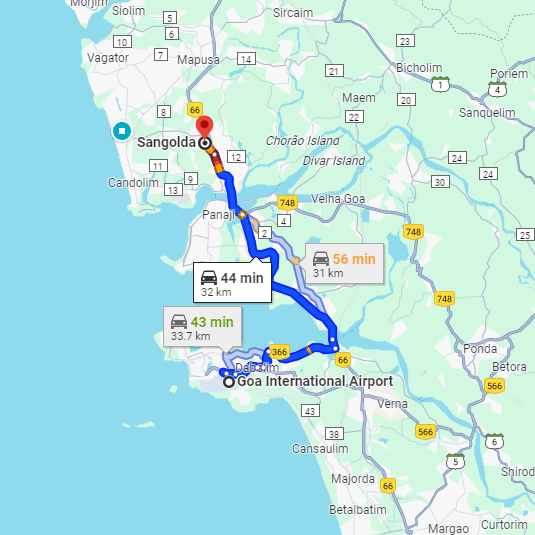 Dabolim Airport to Sangolda Route